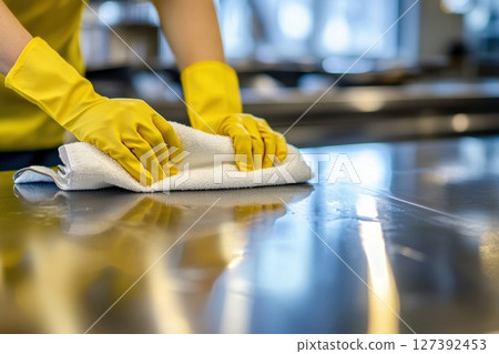 Chef in Yellow Gloves Cleaning Stainless Steel Countertop in a Commercial Kitchen. 127392453