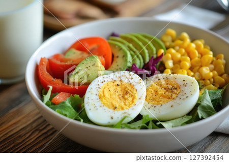 the breakfast salad with avocado, eggs, and greens, healthy meal, digital painting, fresh milk. 127392454
