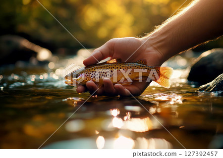 Close-up of a hand releasing a fish into the water. 127392457