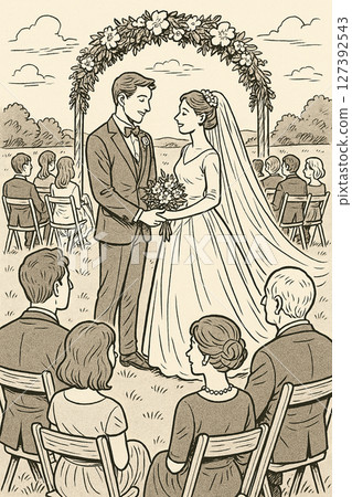 Retro-style wedding ceremony|Western wedding ceremony (black and white manga style) Retro-style wedding ceremony|Western wedding ceremony (black and white manga style) 127392543