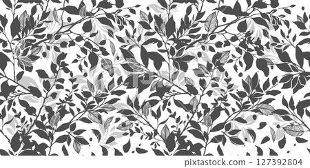 Monochrome branches with leaves seamless background. hand drawn. Not AI, Vector illustration 127392804