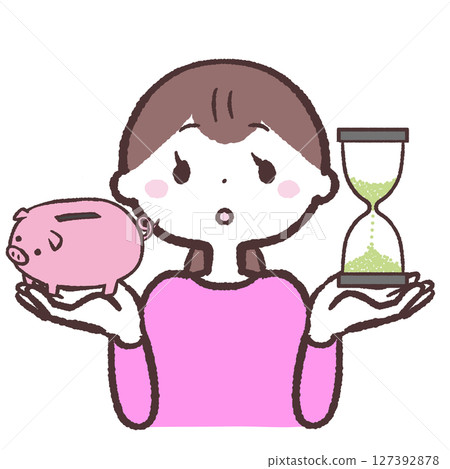 Illustration of a woman comparing time and money 127392878