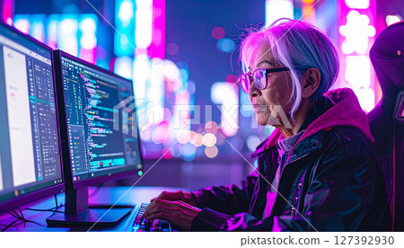 一位老年婦女正在操作電腦（人工智慧產生的圖像） 127392930