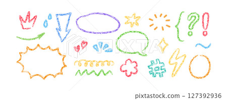 Crayon doodle element set. Hand drawn speech bubbles, star, cloud. Color pencil underline, arrow, spark drawing. Kids doodle chalk style hashtag and lightning. Vector illustration on white background 127392936