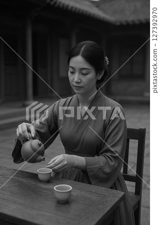 靜心茶道中的女子｜茶道 × 禪意 × 黑白和風 × 茶を淹れる女性 127392970