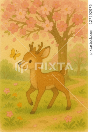 櫻花樹下的小鹿與蝴蝶|桜の木の下で蝶と遊ぶ子鹿 × 水彩風插畫 櫻花樹下的小鹿與蝴蝶|桜の木の下で蝶と遊ぶ子鹿 × 水彩風插畫 127392976