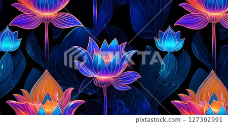 Neon Lotus Flowers and Tropical Leaves on Dark Background 127392991