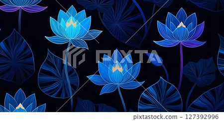 Neon Lotus Flowers and Tropical Leaves on Dark Background Neon Lotus Flowers and Tropical Leaves on Dark Background 127392996