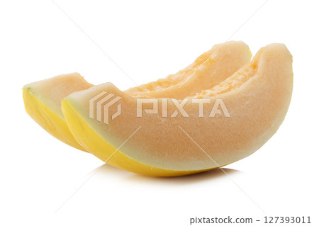 Golden Melon slices isolated on a white background 127393011