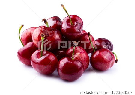 Ripe Red Cherries with Glossy Skin isolated on a white background 127393050