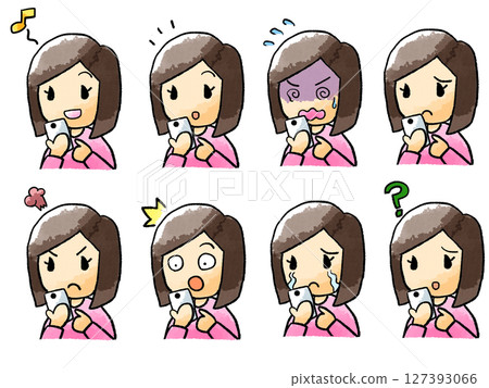Facial expression set of a woman who operates a smartphone 127393066