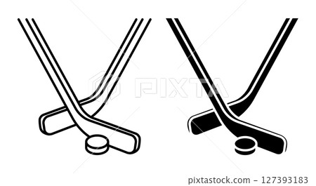 Linear icon. Crossed sports sticks for ice hockey behind black rubber puck. Sport competition. Fighting in ice arena. Simple black and white vector isolated on white background Linear icon. Crossed sports sticks for ice hockey behind black rubber puck. Sport competition. Fighting in ice arena. Simple black and white vector isolated on white background 127393183