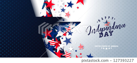 4th of July Independence Day Banner Illustration with American Flag Pattern Stars on Light Blue Background. Vector Fourth of July National Celebration Design with Typography Letter for Flyer, Postcard 4th of July Independence Day Banner Illustration with American Flag Pattern Stars on Light Blue Background. Vector Fourth of July National Celebration Design with Typography Letter for Flyer, Postcard 127393227