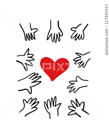 A simple illustration of various hands touching a heart 127393413