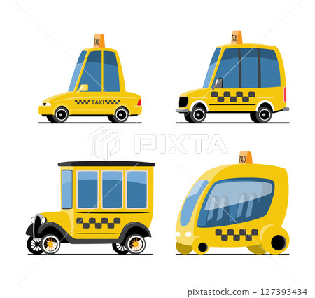 Taxi car cartoon illustration . Included sedan, hatchback, classic and futuristic modern style . Flat design . Isolate on white background . Vector . 127393434