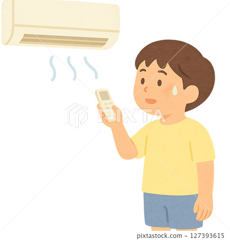 Illustration of a sweaty boy cooling off by turning on the air conditioner, flat illustration of a child operating the air conditioner while enduring the heat 127393615