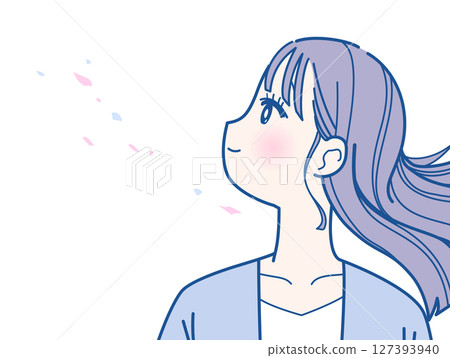 A woman in profile with her hair fluttering A woman in profile with her hair fluttering 127393940