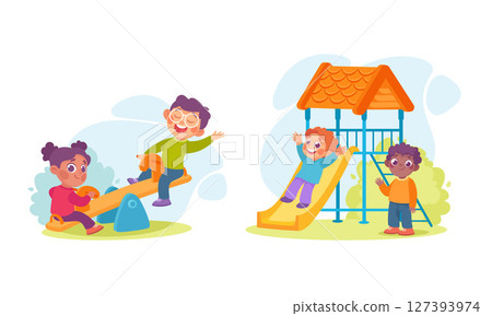 Children are joyfully playing together in a vibrant and colorful playground setting 127393974