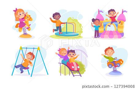 A vibrant and colorful illustration of cheerful cartoon kids joyfully playing at the playground 127394008