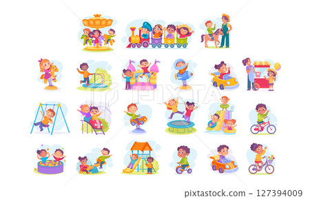 Playful and energetic kids joyfully engaging in various funfilled activities outdoors 127394009