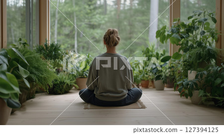 Mindfulness meditation practice in natural green home environment with plants 127394125