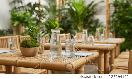 Sustainable outdoor restaurant dining setup with eco friendly table arrangements 127394131