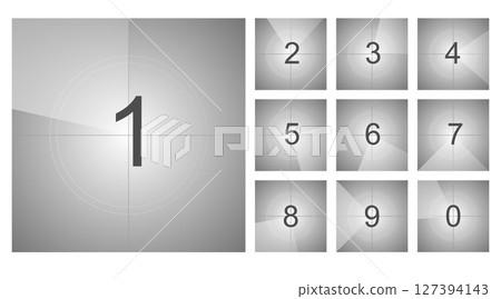 Countdown movie frame, film intro animation retro video screen. Start Timer set, film strip border, Vintage counter. 127394143