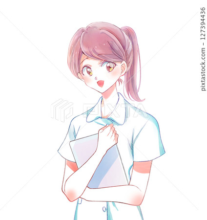 Nurse with electronic medical record, ponytail, smiling Nurse with electronic medical record, ponytail, smiling 127394436