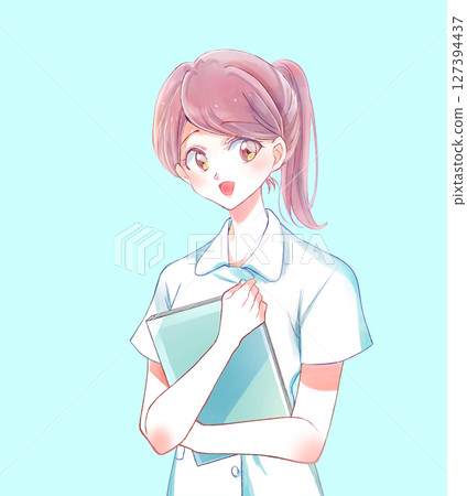 Nurse with book, ponytail, smiling Nurse with book, ponytail, smiling 127394437