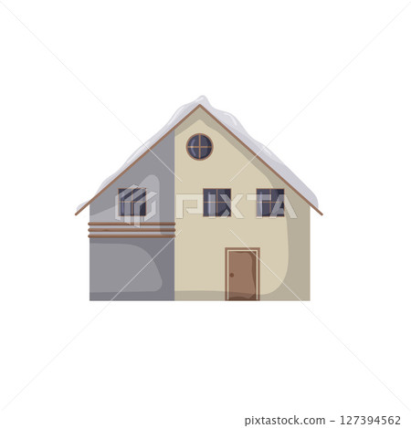 Modern two-story house with sloped roof and snow-covered features during winter 127394562