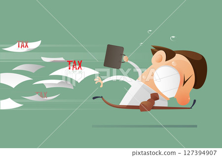 Cartoon illustration shows a businessman trying to avoid heavy tax. 127394907