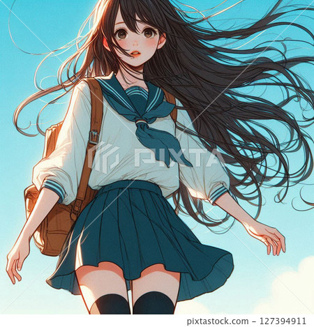 The serious and serious faces of Japanese female students are cute and beautiful! Emotional teenage high school or junior high school student uniform AI illustration of youth 127394911