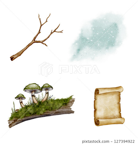 set of Green mushrooms on moss, scroll and tree branch set of Green mushrooms on moss, scroll and tree branch 127394922