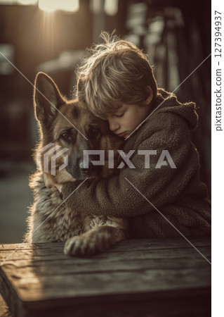 Boy enjoys a warm hug with a loyal German Shepherd on a sunny patio 127394937