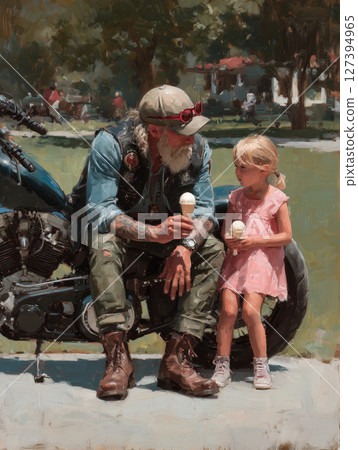 Rugged biker shares a moment of joy with a little girl over ice cream Rugged biker shares a moment of joy with a little girl over ice cream 127394965