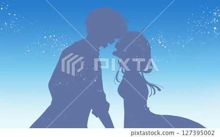 A happy-looking man and woman facing each other; summer; silhouette; blue sky A happy-looking man and woman facing each other; summer; silhouette; blue sky 127395002