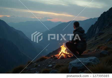 Woman hiking tourist in mountains. Active vacation in nature. AI Generative Woman hiking tourist in mountains. Active vacation in nature. AI Generative 127395085