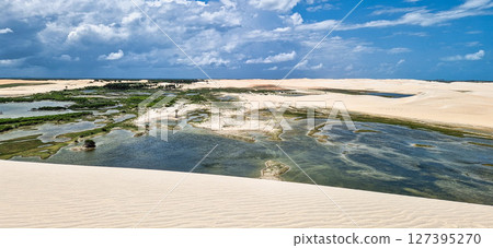 Buggy tour in the lagoon on the Funil Dune, Tatajuba Beach at Camocim, Jericoacoara, Ceara in Brazil 127395270