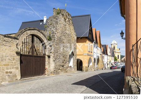 Ustek street view with colorful houses and ancient gate in Czechia 127395510