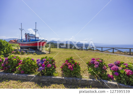 Colorful fishing boat overlooking the scenic Bay of Biscay in Cudillero, Asturias, Spain Colorful fishing boat overlooking the scenic Bay of Biscay in Cudillero, Asturias, Spain 127395539