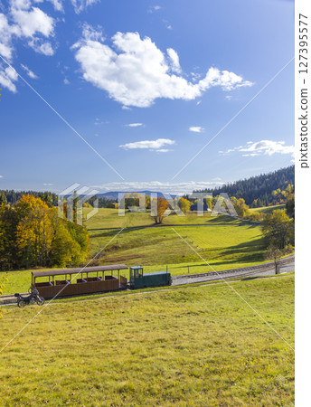 Narrow gauge railway in Beskid sedlo, Orava region in Slovakia during sunny autumn day 127395577