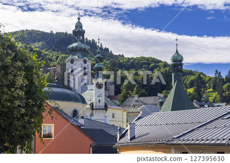 Banska Stiavnica cityscape showing church towers and rooftops in Slovakia 127395630