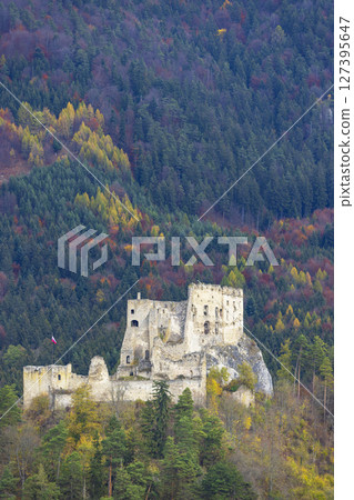 Remains of Lietava Castle rising above colorful autumn trees in Slovakia 127395647