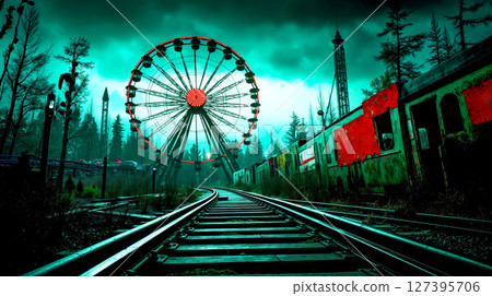 A ferris wheel sitting on the side of a train track 127395706