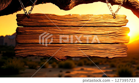 A wooden sign hanging from a tree branch in the desert 127395723