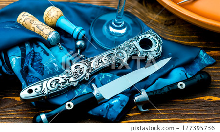 A knife and a wine glass on a table 127395736