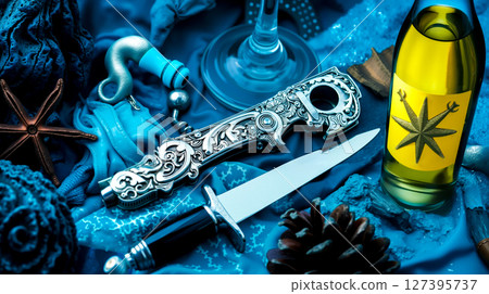 A bottle of wine and a knife on a blue cloth 127395737