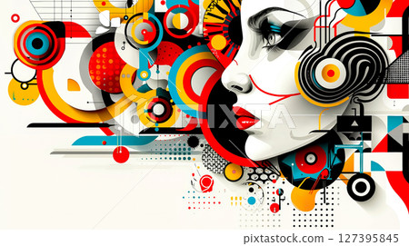 A woman's face surrounded by colorful circles and circles A woman's face surrounded by colorful circles and circles 127395845