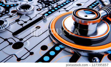 A close up of a stethoscope on top of a circuit board A close up of a stethoscope on top of a circuit board 127395857