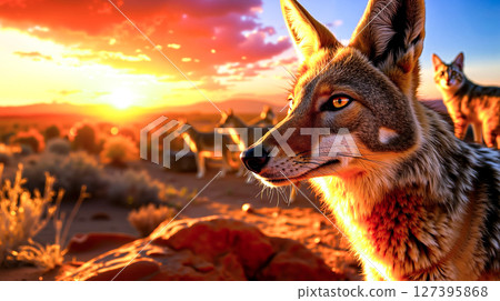 A coyote and a cat in the desert at sunset 127395868